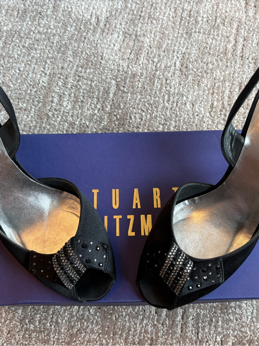 Vintage Stuart Weitzman “Curlique” Black Peep-Toe Slingbacks w/Crystal Accents